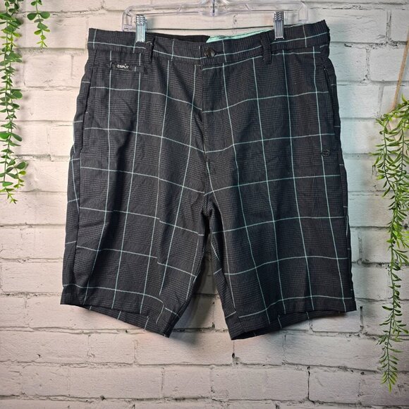 SPLIT USA MENS SHORT BLACK GRAY SM HOUNDSTOOTH PRINT TEAL ACCENT SIZE 36 EUC - Picture 1 of 8